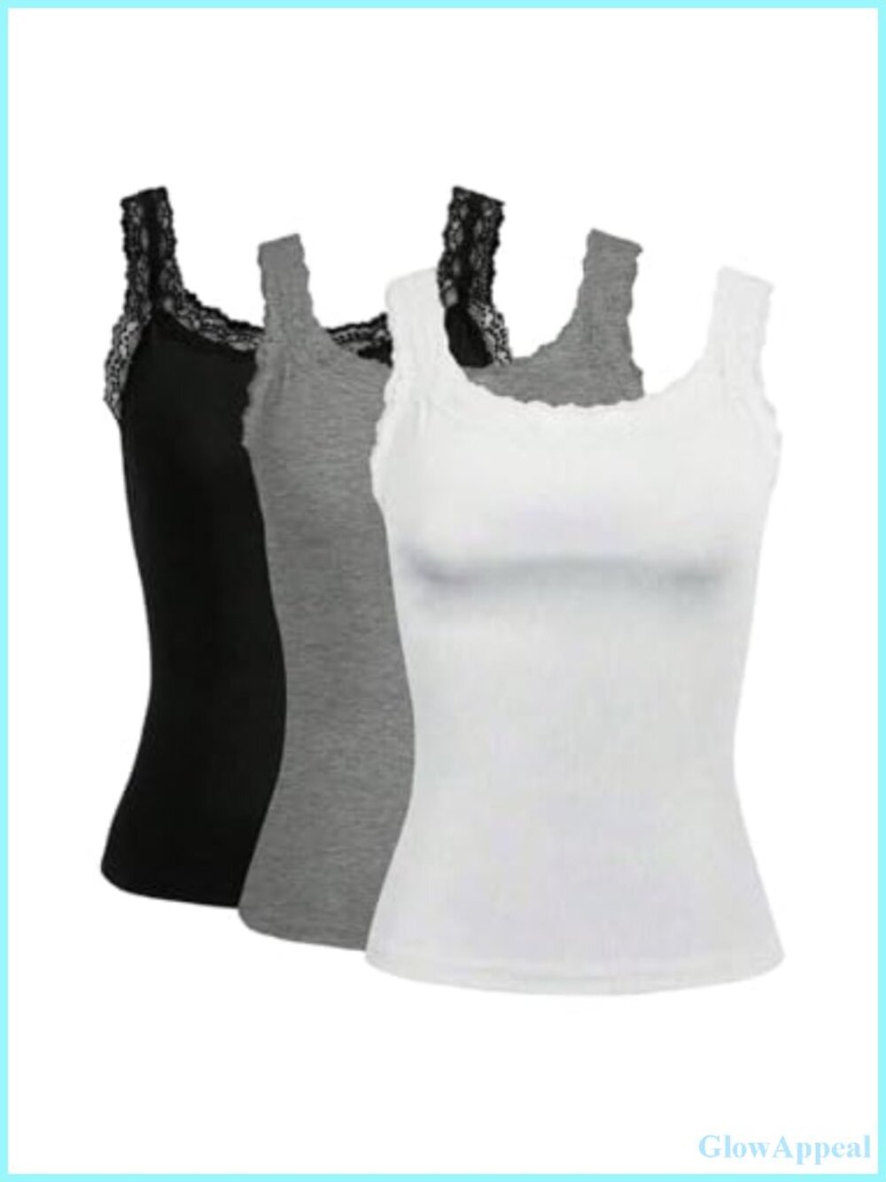 Plus Size 3 Pack Lace Trim Scoop Neck Ribbed Tank Tops Sleeveless